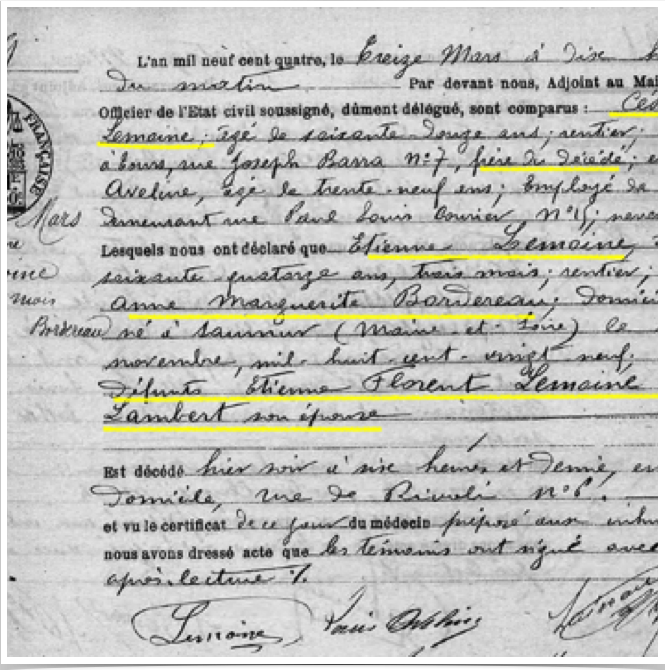 Acte DC Etienne Lemoine (fr&egrave;re de C&eacute;sar Lemoine)